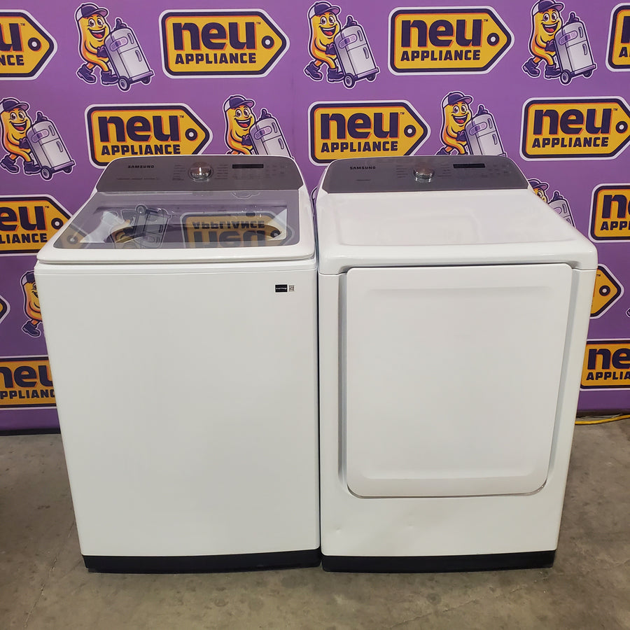 Samsung White Top Load 5.0 Cu. Ft. Washer with Active Water Jet WA50R5200AW - Open Box and Samsung White Electric 7.4 Cu. Ft. Dryer with Sensor Dry DVE50R5200W - Certified Refurbished