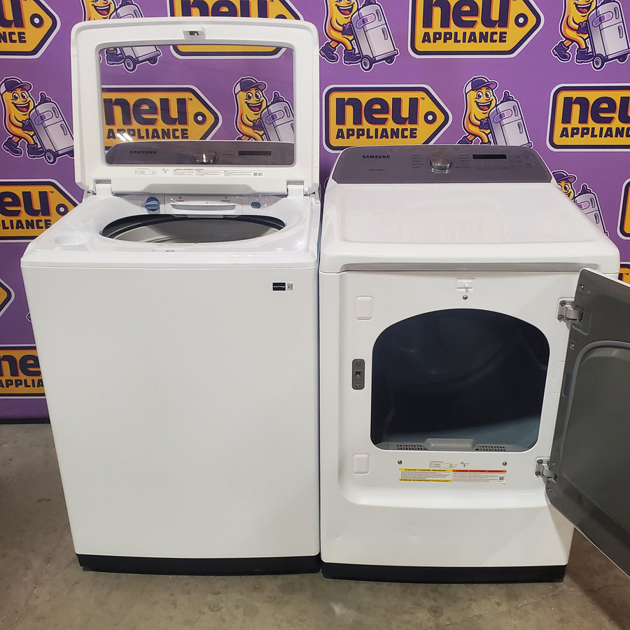 Samsung White Top Load 5.0 Cu. Ft. Washer with Active Water Jet WA50R5200AW - Open Box and Samsung White Electric 7.4 Cu. Ft. Dryer with Sensor Dry DVE50R5200W - Certified Refurbished