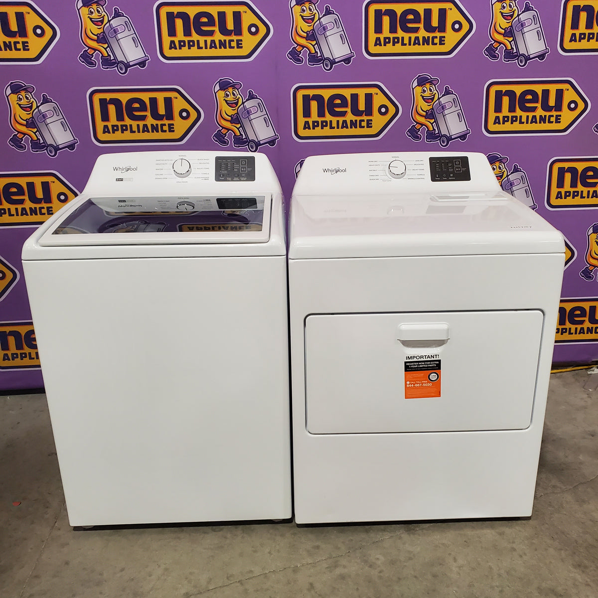 Whirlpool 4.2-4.3 Cu. Ft. Top Load Washer with 2-in-1 Removable Agitator and Soft Close Glass Lid WTW4307SW - Open Box and Whirlpool 7.0 cu. ft. Electric Dryer with Adaptive Dry and Wrinkle Shield™ Option WED4307SW - Scratch & Dent (Minor)
