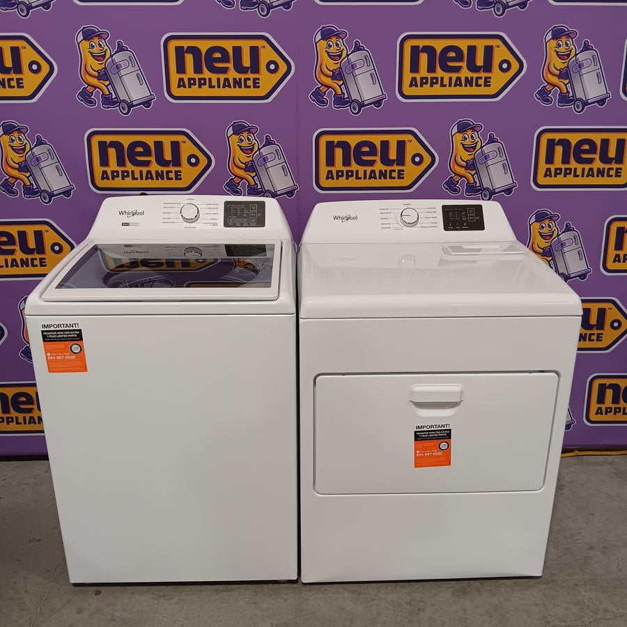 Whirlpool 4.2-4.3 Cu. Ft. Top Load Washer with 2-in-1 Removable Agitator and Soft Close Glass Lid WTW4307SW - Open Box and Whirlpool 7.0 cu. ft. Electric Dryer with Adaptive Dry and Wrinkle Shield™ Option WED4307SW - Scratch & Dent (Minor)