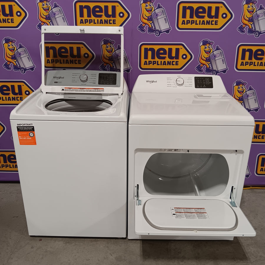 Whirlpool 4.2-4.3 Cu. Ft. Top Load Washer with 2-in-1 Removable Agitator and Soft Close Glass Lid WTW4307SW - Open Box and Whirlpool 7.0 cu. ft. Electric Dryer with Adaptive Dry and Wrinkle Shield™ Option WED4307SW - Scratch & Dent (Minor)