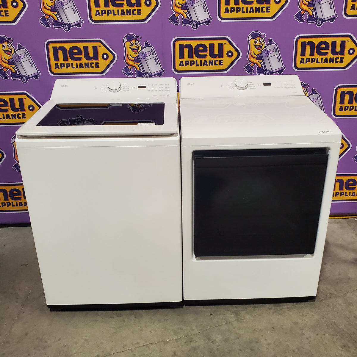 LG 5.0 cu.ft. SMART Top Load Washer in Alpine White with TurboWash WT8200CW - Open Box and LG 7.3 cu. ft. Ultra Large Capacity Rear Control Electric Dryer with AI Sensing and ThinQ® Smart Features DLE8200W - Open Box