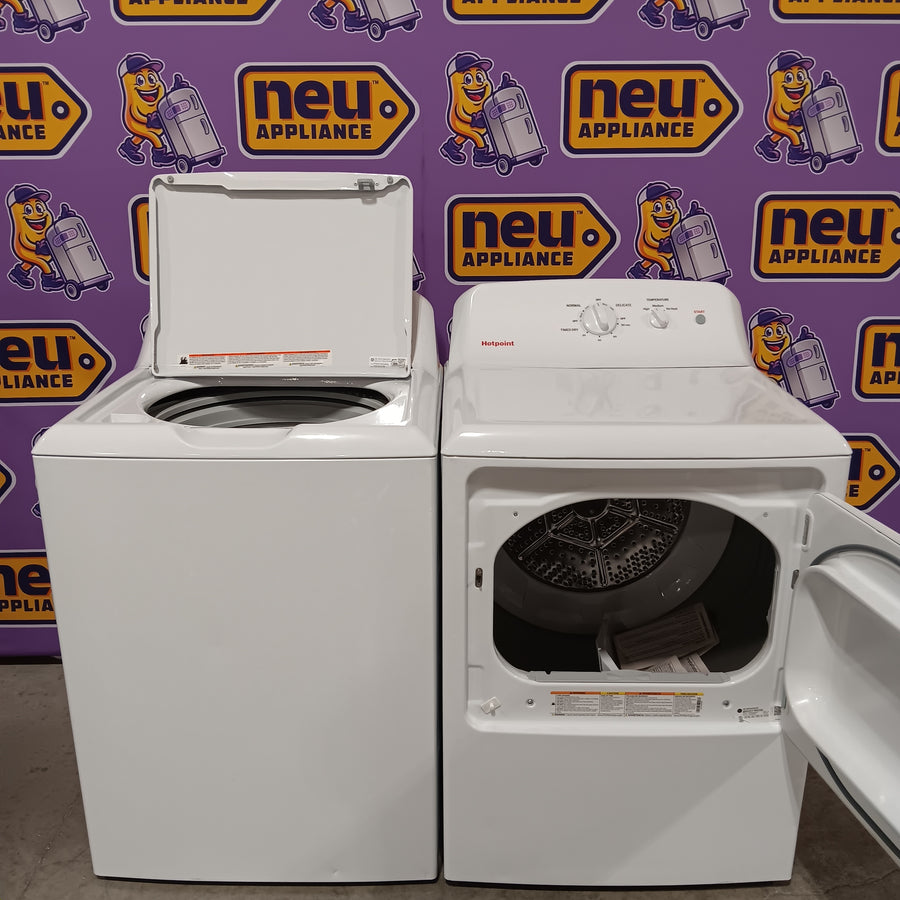 Hotpoint® 4.0 cu. ft. Capacity Washer with Cold Plus and Water Level Control HTW265ASWWW - Scratch & Dent (Moderate) and Hotpoint 6.2 cu. ft. Capacity Electric Dryer with Up To 120 ft. Venting and Shallow Depth HTX26EASWWW - Scratch & Dent (Moderate)
