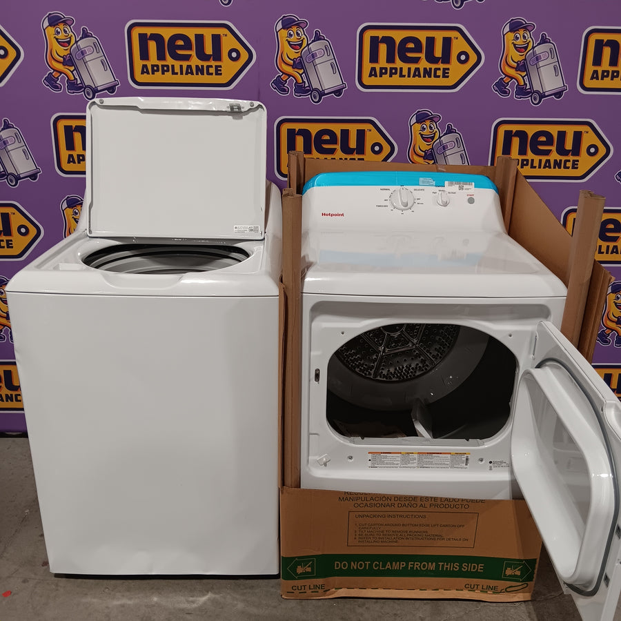 Hotpoint® 4.0 cu. ft. Capacity Washer with Cold Plus and Water Level Control HTW265ASWWW - Scratch & Dent (Major) and Hotpoint 6.2 cu. ft. Capacity Electric Dryer with Up To 120 ft. Venting and Shallow Depth HTX26EASWWW - Scratch & Dent (Open Box)