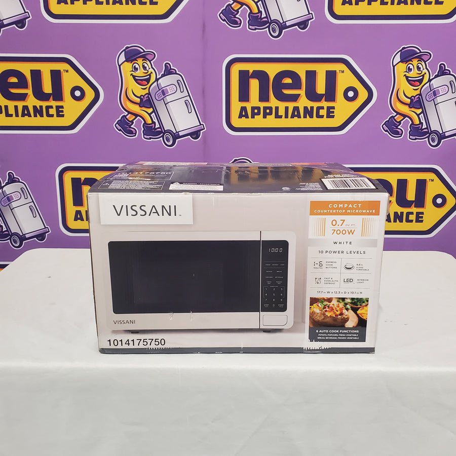 Vissani 0.7 cu. ft. Electric 700-W Countertop Microwave in White with Turntable, 6-Heating Functions, and 2-Step Lock System B20PX78 - Open Box