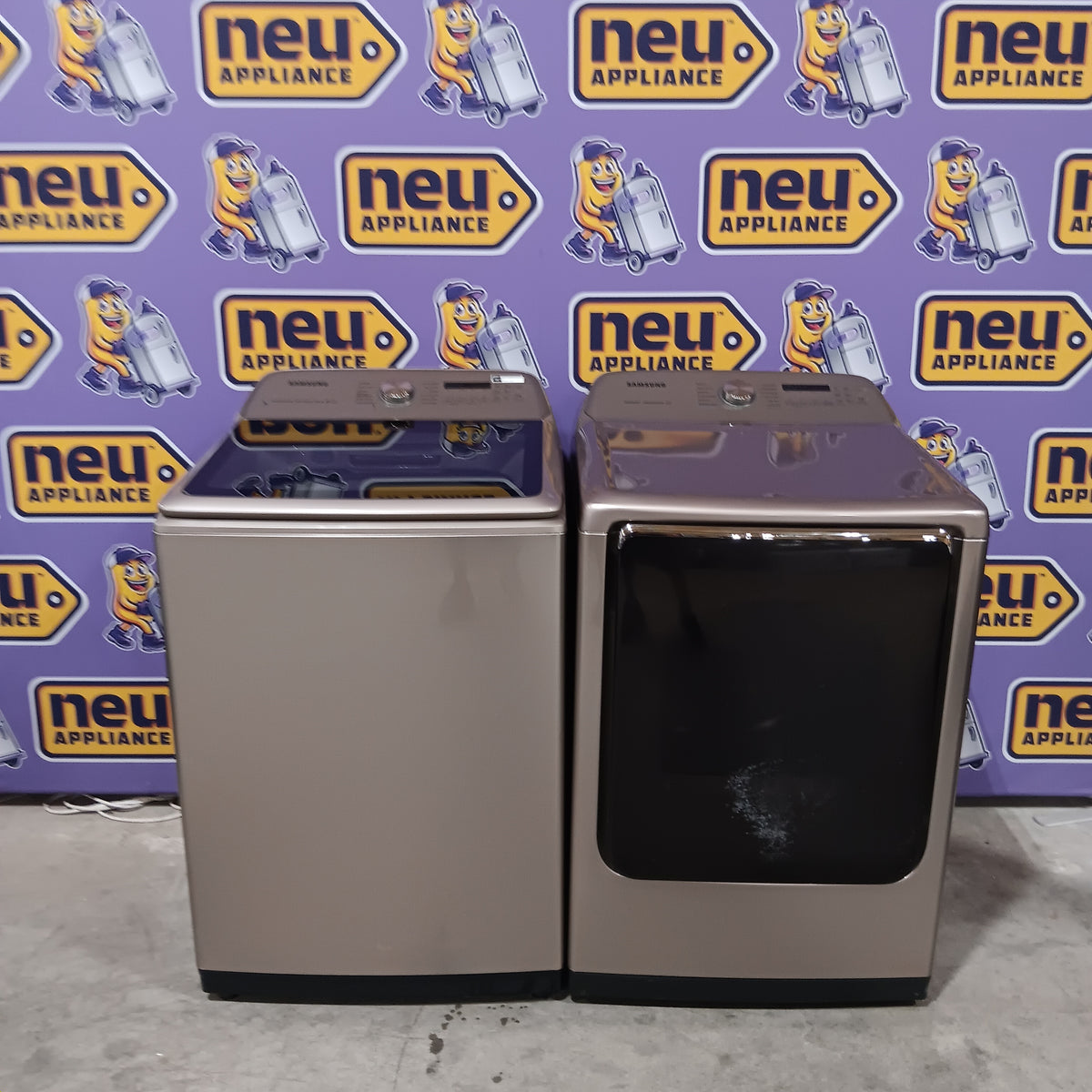 Samsung High Efficiency Extra Large ( 5.4-cu ft ) Top-Load Washer with Steam Cycle in Champagne WA54R7600AC - Certified Refurbished and Samsung 7.4-cu ft Vented Electric Dryer with Steam Cycle in Champagne DVE54R7600C - Certified Refurbished