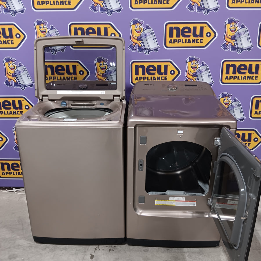 Samsung High Efficiency Extra Large ( 5.4-cu ft ) Top-Load Washer with Steam Cycle in Champagne WA54R7600AC - Certified Refurbished and Samsung 7.4-cu ft Vented Electric Dryer with Steam Cycle in Champagne DVE54R7600C - Certified Refurbished