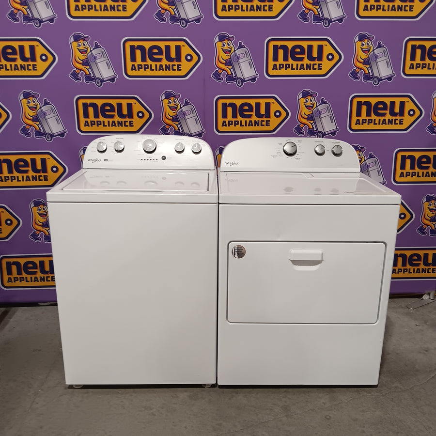 Whirlpool 3.8–3.9 Cu. Ft. Top Load Washer with 2 in 1 Removable Agitator and Soil Level Selection WTW4957PW - Certified Refurbished and Whirlpool White Electric 7.0 Cu. Ft. Dryer with Auto Dry WED4950HW - Certified Refurbished