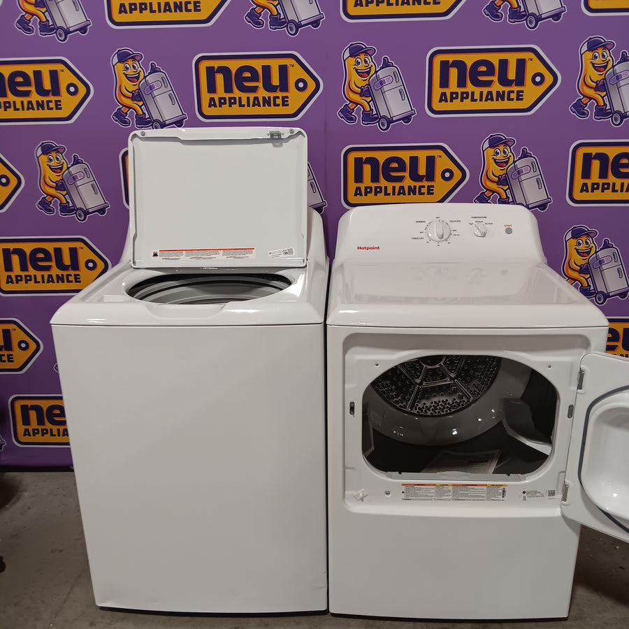 Hotpoint® 4.0 cu. ft. Capacity Washer with Cold Plus and Water Level Control HTW265ASWWW - Scratch & Dent (Minor) and Hotpoint 6.2 cu. ft. Capacity Electric Dryer with Up To 120 ft. Venting and Shallow Depth HTX26EASWWW - Scratch & Dent (Moderate)