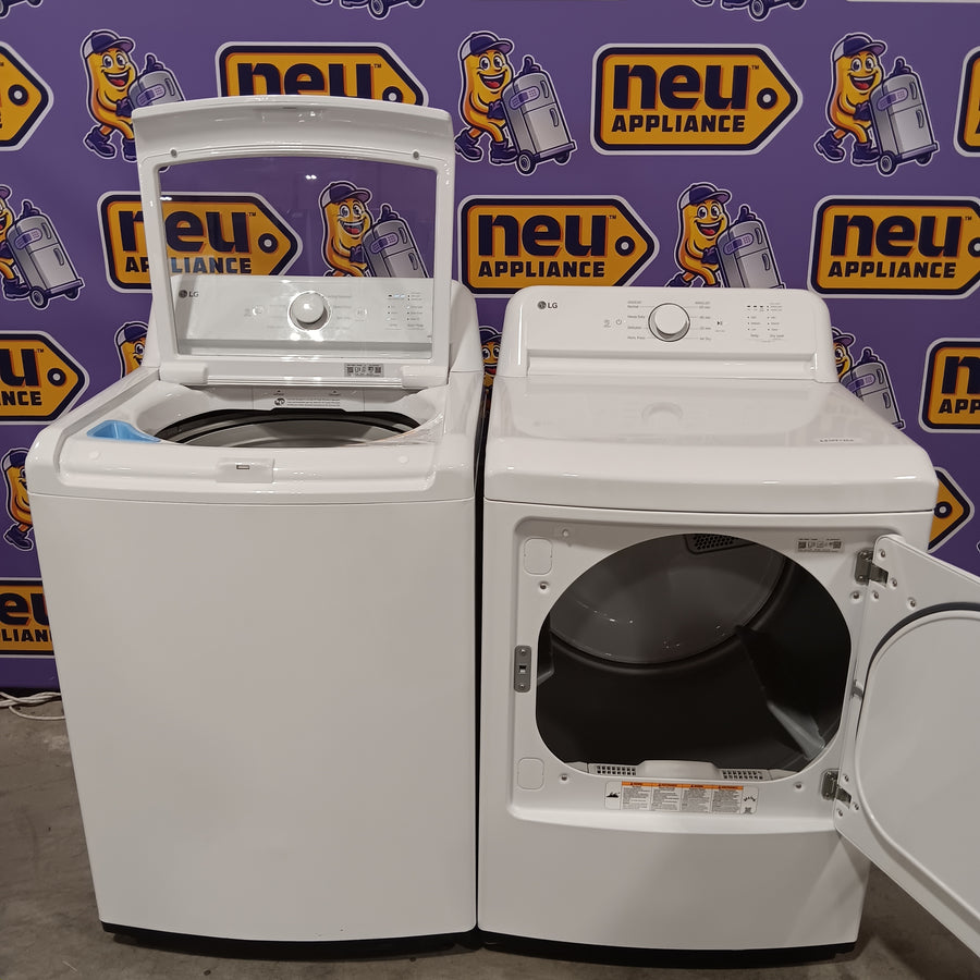 LG Top Load 4.1 Cu. Ft. Washer with TurboDrum Technology in White WT6105CW - Scratch & Dent (Minor) and LG 7.3 Cu. Ft.  Electric Rear Control Ultra Large Capacity Dryer in White with Sensor Dry DLE6100W - Open Box
