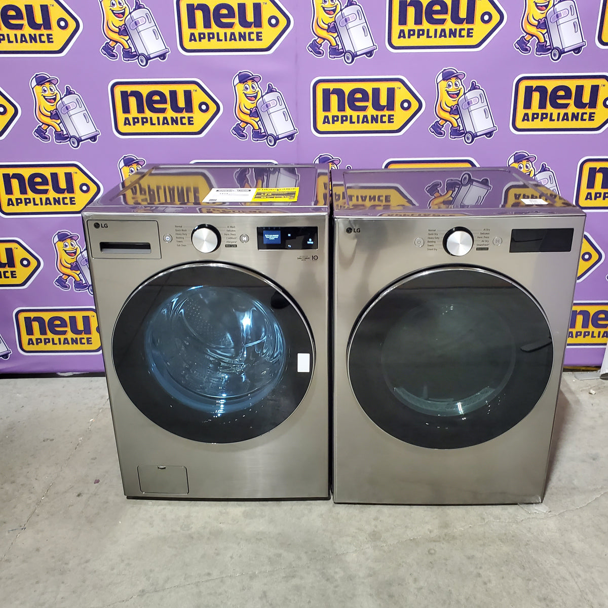 LG 5.0 cu. ft. Mega Capacity Smart Front Load Washer with TurboWash® 360° and AI Sensing WM5800HVA - Scratch & Dent (Minor) and LG 7.4-cu ft Stackable Vented Electric Dryer with Steam Cycle in Graphite Steel DLEX5800V - Scratch & Dent (Moderate)