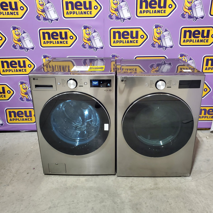 LG 5.0 cu. ft. Mega Capacity Smart Front Load Washer with TurboWash® 360° and AI Sensing WM5800HVA - Scratch & Dent (Minor) and LG 7.4-cu ft Stackable Vented Electric Dryer with Steam Cycle in Graphite Steel DLEX5800V - Scratch & Dent (Moderate)