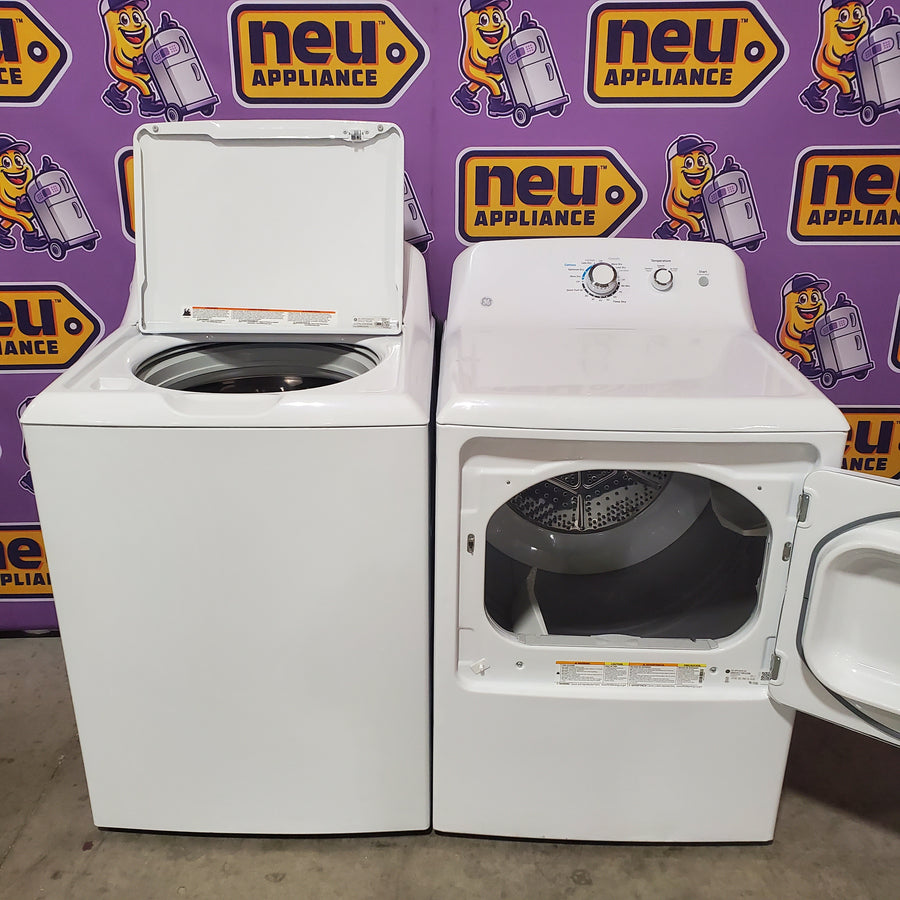 GE® 4.2 cu. ft. Capacity Washer with Stainless Steel Basket GTW335ASNWW - Certified Refurbished and GE 6.2 cu. ft. Capacity Electric Dryer with Up To 120 ft. Venting and Shallow Depth GTD33EASKWW - Certified Refurbished
