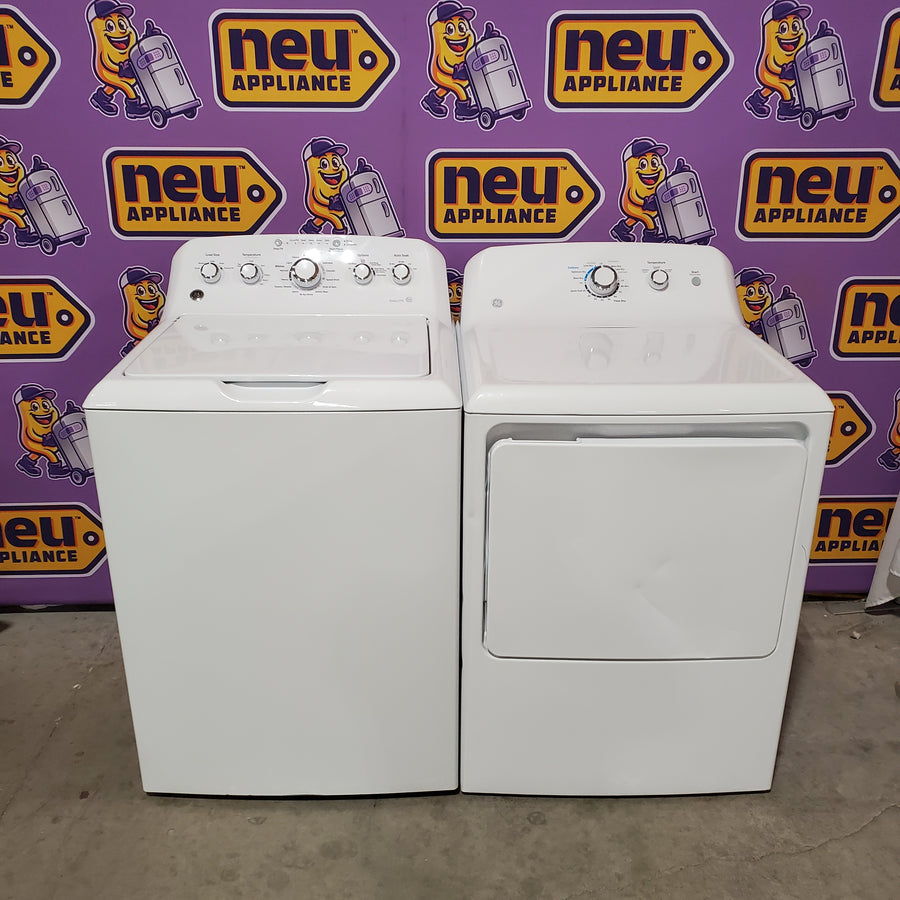 GE White Top Load 4.2 Cu. Ft. Washer with Stainless Steel Basket and Dual Action Agitator GTW460ASJWW - Certified Refurbished and GE 7.2 cu. ft. Capacity Aluminized Alloy Drum Electric Dryer GTD33EASKWW - Certified Refurbished