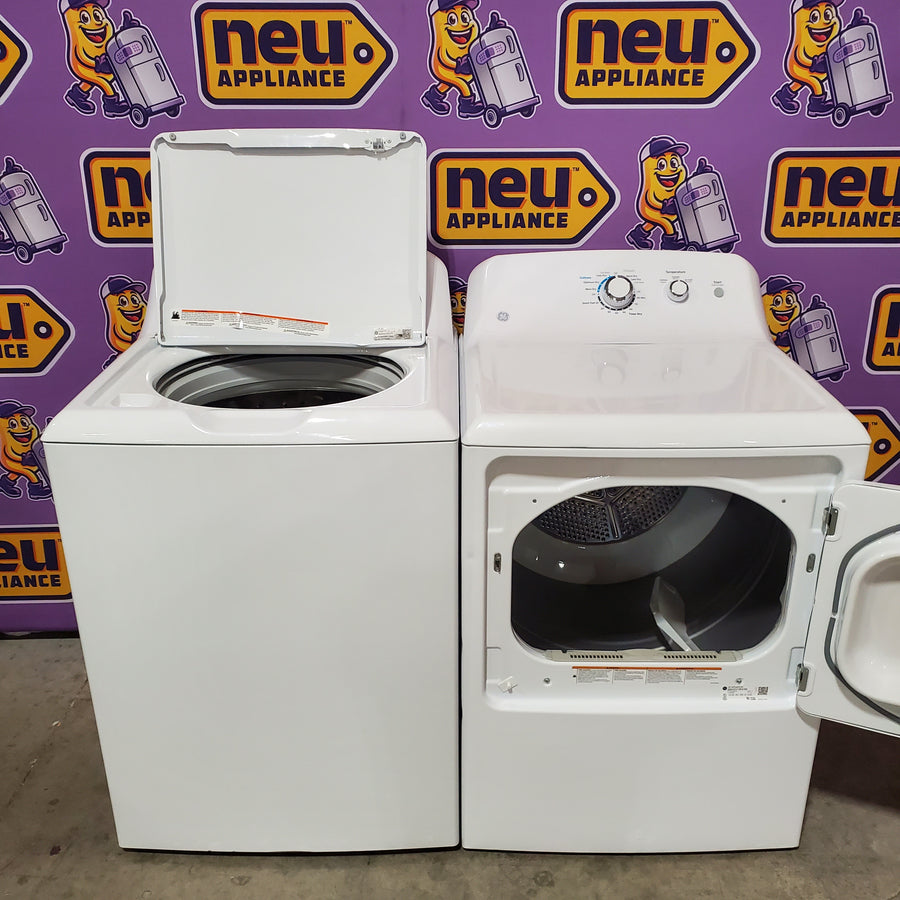 GE White Top Load 4.2 Cu. Ft. Washer with Stainless Steel Basket and Dual Action Agitator GTW460ASJWW - Certified Refurbished and GE 7.2 cu. ft. Capacity Aluminized Alloy Drum Electric Dryer GTD33EASKWW - Certified Refurbished