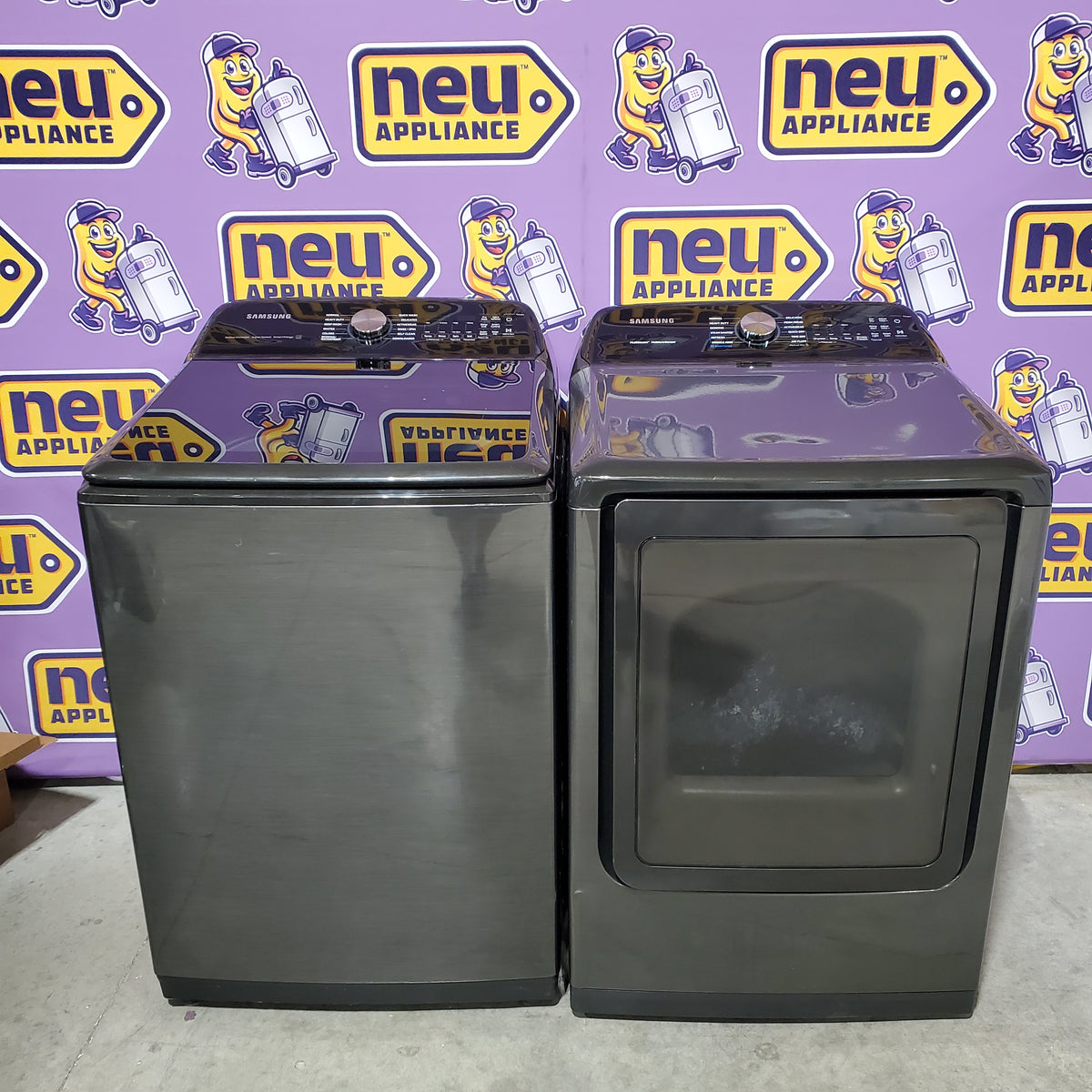 Samsung Brushed Black Top Load 5.2 Cu. Ft. Washer with SuperSpeed Wash WA52A5500AV - Certified Refurbished and Samsung Black Stainless Steel Electric 7.4 Cu. Ft. Dryer with Steam Sanitize DVE50R5400V - Certified Refurbished