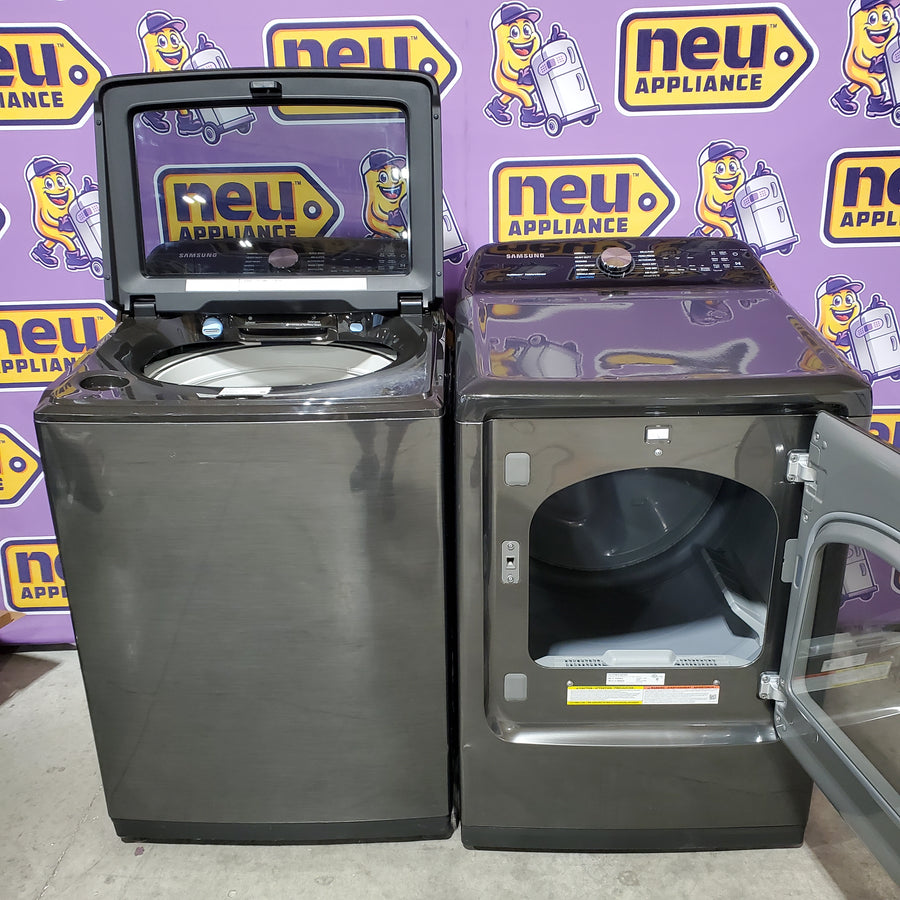 Samsung Brushed Black Top Load 5.2 Cu. Ft. Washer with SuperSpeed Wash WA52A5500AV - Certified Refurbished and Samsung Black Stainless Steel Electric 7.4 Cu. Ft. Dryer with Steam Sanitize DVE50R5400V - Certified Refurbished