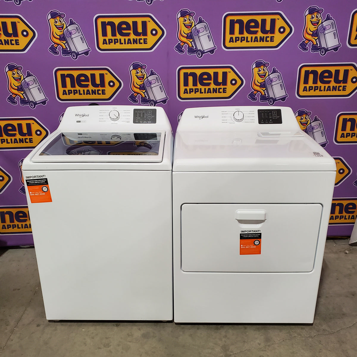 Whirlpool 4.2-4.3 Cu. Ft. Top Load Washer with 2-in-1 Removable Agitator and Soft Close Glass Lid WTW4307SW - Open Box and Whirlpool 7.0 cu. ft. Electric Dryer with Adaptive Dry and Wrinkle Shield™ Option WED4307SW - Scratch & Dent (Minor)