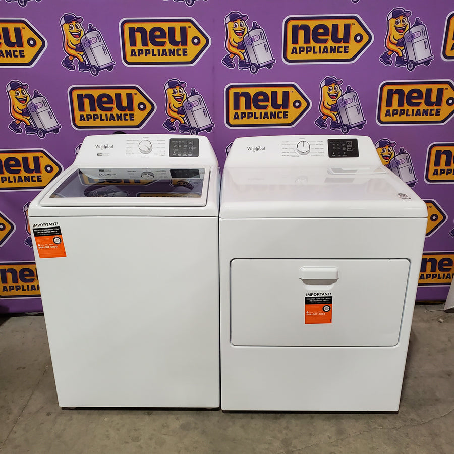 Whirlpool 4.2-4.3 Cu. Ft. Top Load Washer with 2-in-1 Removable Agitator and Soft Close Glass Lid WTW4307SW - Open Box and Whirlpool 7.0 cu. ft. Electric Dryer with Adaptive Dry and Wrinkle Shield™ Option WED4307SW - Scratch & Dent (Minor)