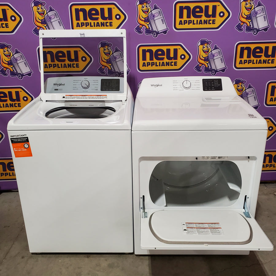 Whirlpool 4.2-4.3 Cu. Ft. Top Load Washer with 2-in-1 Removable Agitator and Soft Close Glass Lid WTW4307SW - Open Box and Whirlpool 7.0 cu. ft. Electric Dryer with Adaptive Dry and Wrinkle Shield™ Option WED4307SW - Scratch & Dent (Minor)