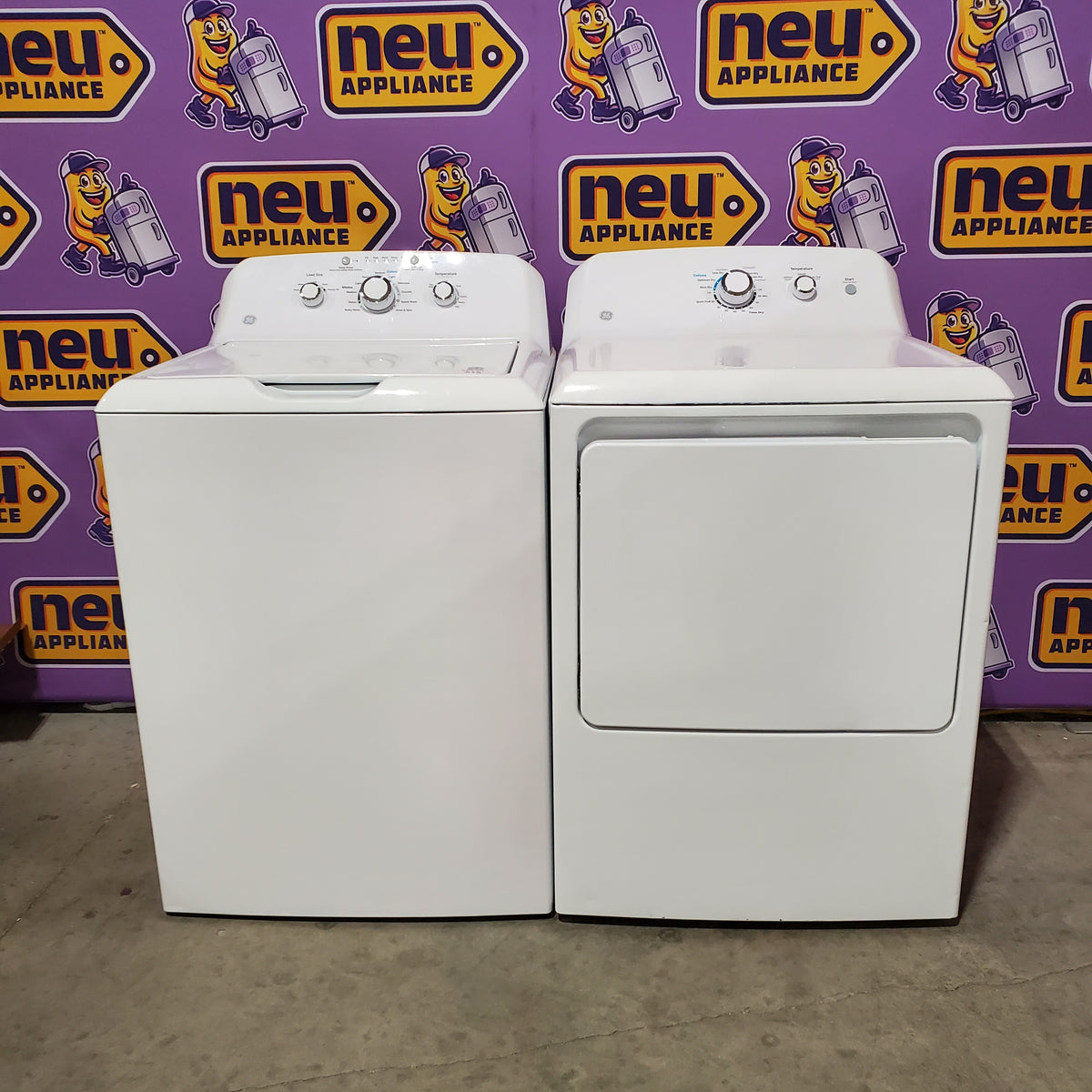 GE® 3.8 cu. ft. Capacity Washer with Stainless Steel Basket in White GTW330ASKWW - Certified Refurbished and GE White Electric 6.2 Cu. Ft. Capacity Dryer with Shallow Depth and Up to 120 Ft. Venting Capability GTX33EASKWW - Certified Refurbished