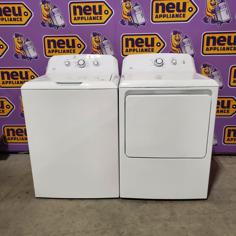 GE® 3.8 cu. ft. Capacity Washer with Stainless Steel Basket in White GTW330ASKWW - Certified Refurbished and GE White Electric 6.2 Cu. Ft. Capacity Dryer with Shallow Depth and Up to 120 Ft. Venting Capability GTX33EASKWW - Certified Refurbished