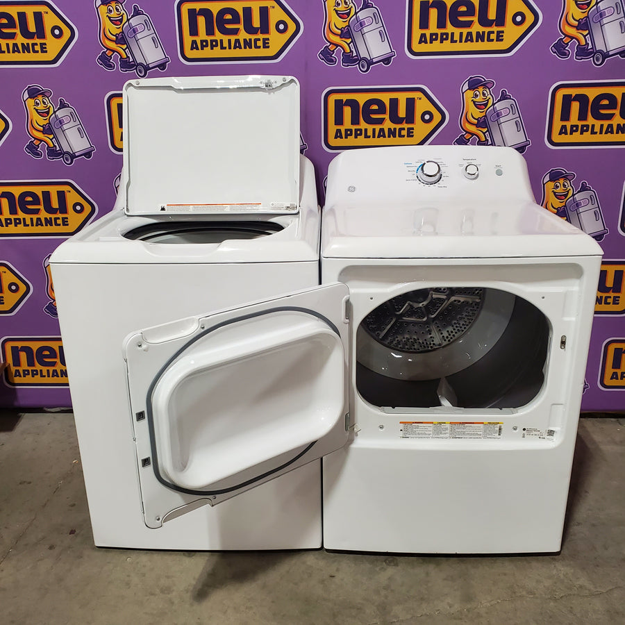 GE® 3.8 cu. ft. Capacity Washer with Stainless Steel Basket in White GTW330ASKWW - Certified Refurbished and GE White Electric 6.2 Cu. Ft. Capacity Dryer with Shallow Depth and Up to 120 Ft. Venting Capability GTX33EASKWW - Certified Refurbished