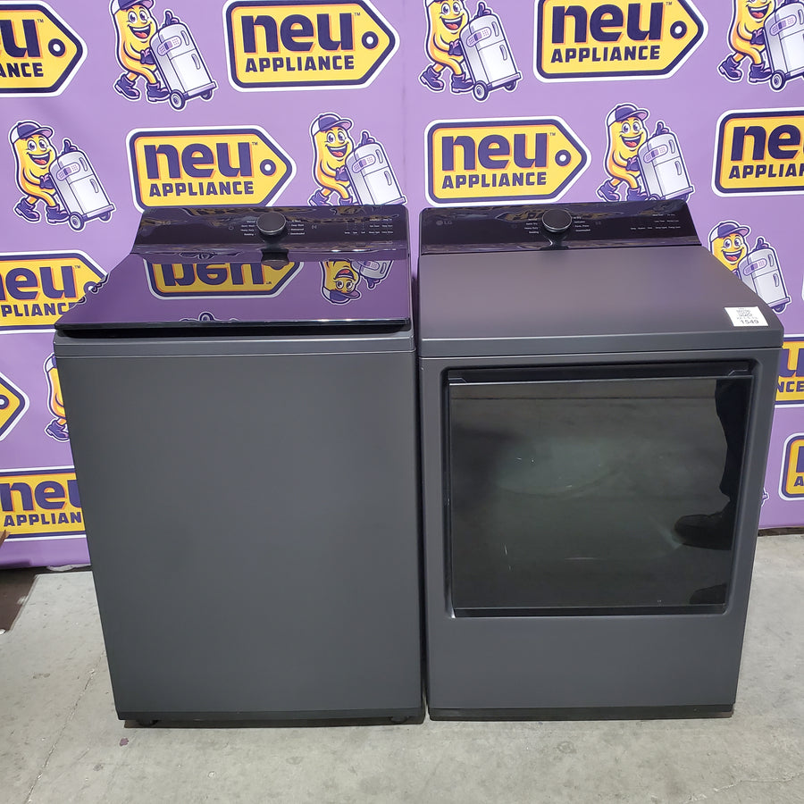 LG 5.5 cu. ft. SMART Top Load Washer in Matte Black with Impeller, Easy Unload and TurboWash3D Technology WT8400CB - Open Box and LG 7.3 cu. ft. Ultra Large Capacity Rear Control Electric Dryer with EasyLoad™ Door DLE8400BE - Scratch & Dent (Minor)