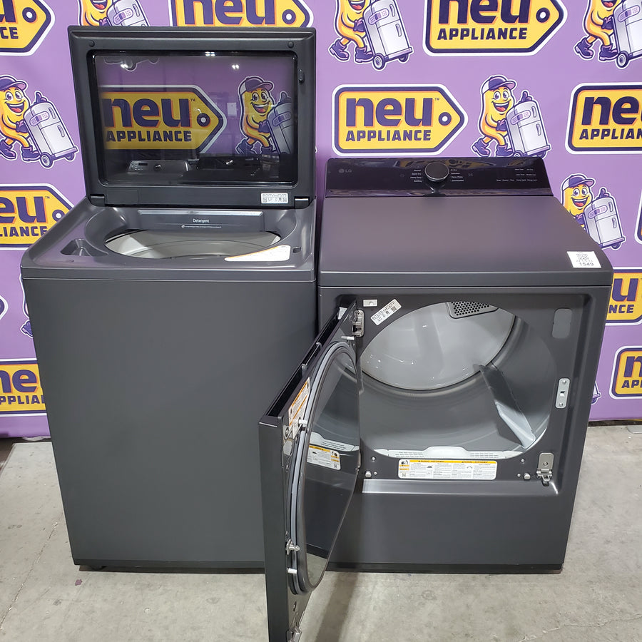LG 5.5 cu. ft. SMART Top Load Washer in Matte Black with Impeller, Easy Unload and TurboWash3D Technology WT8400CB - Open Box and LG 7.3 cu. ft. Ultra Large Capacity Rear Control Electric Dryer with EasyLoad™ Door DLE8400BE - Scratch & Dent (Minor)