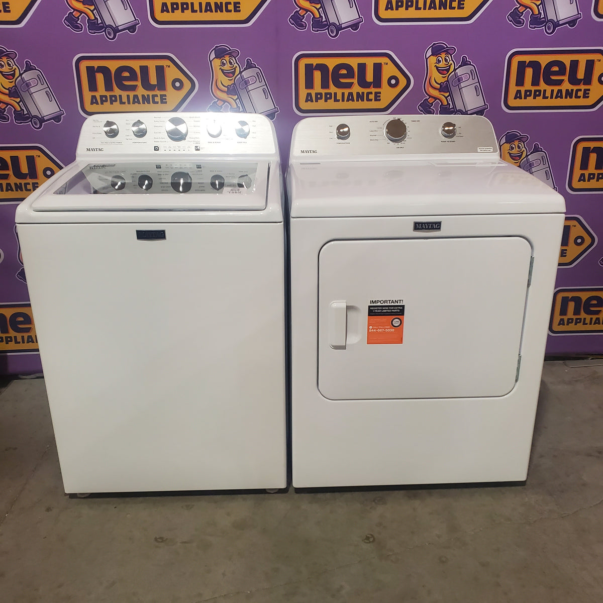 Maytag 4.7 cu. ft. Top Load Washer with Agitator, Pet Pro Option and Extra Power in White MTW5605RW - Open Box and Maytag 7.0 cu. ft. Capacity Top Load Electric Wrinkle Prevent Dryer MED4500MW - Scratch & Dent (Minor)