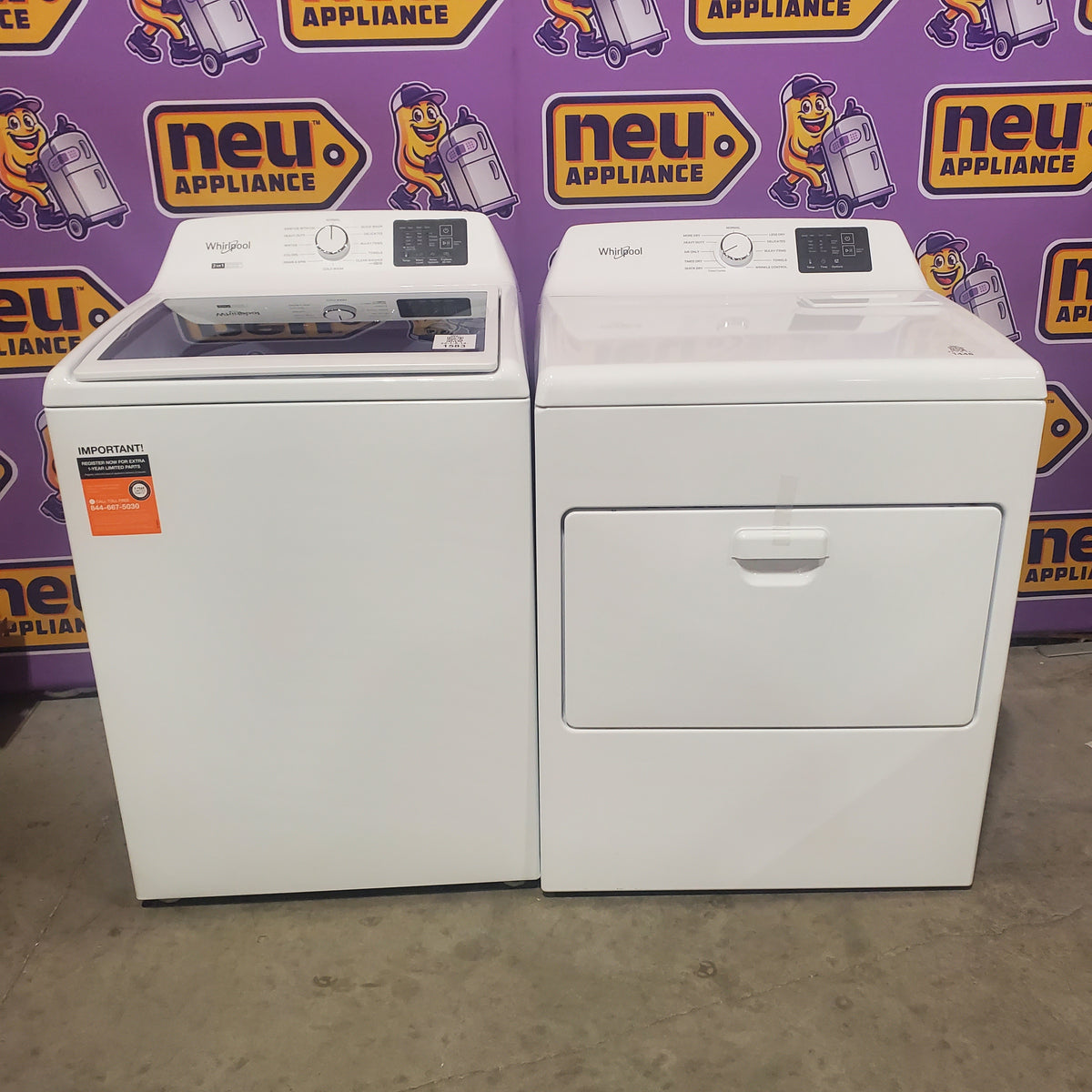 Whirlpool 4.2-4.3 Cu. Ft. Top Load Washer with 2-in-1 Removable Agitator and Soft Close Glass Lid WTW4307SW - Open Box and Whirlpool 7.0 cu. ft. Electric Dryer with Adaptive Dry and Wrinkle Shield™ Option WED4307SW - Scratch & Dent (Minor)