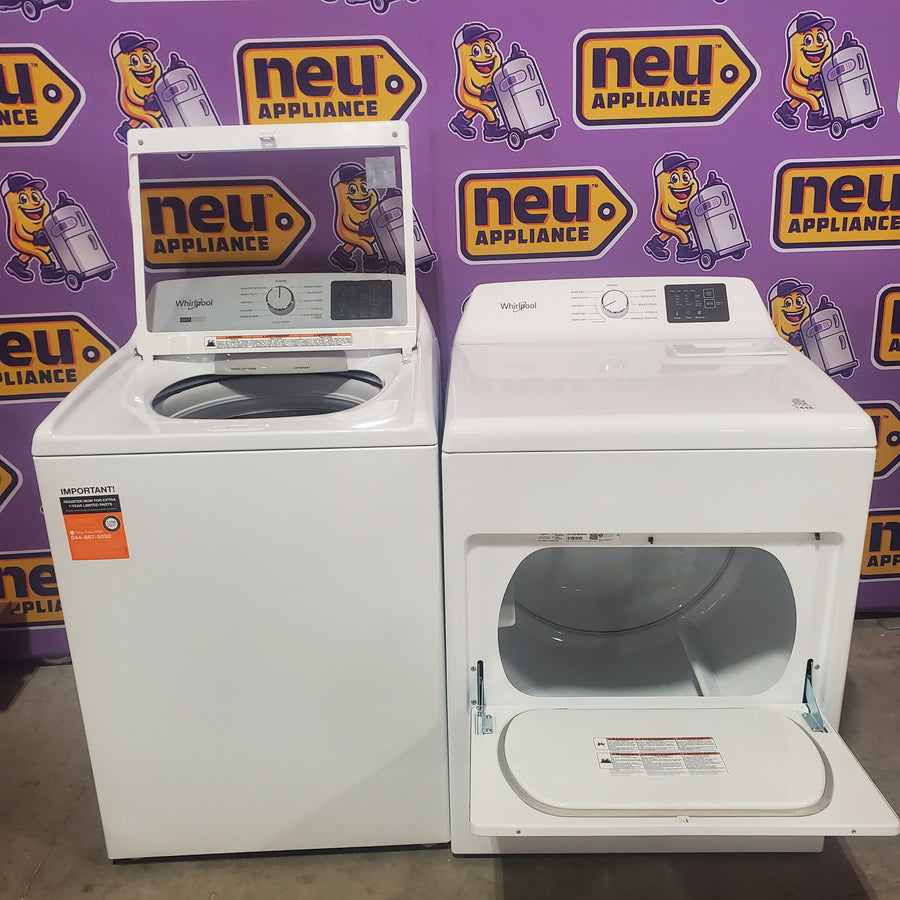 Whirlpool 4.2-4.3 Cu. Ft. Top Load Washer with 2-in-1 Removable Agitator and Soft Close Glass Lid WTW4307SW - Open Box and Whirlpool 7.0 cu. ft. Electric Dryer with Adaptive Dry and Wrinkle Shield™ Option WED4307SW - Scratch & Dent (Minor)