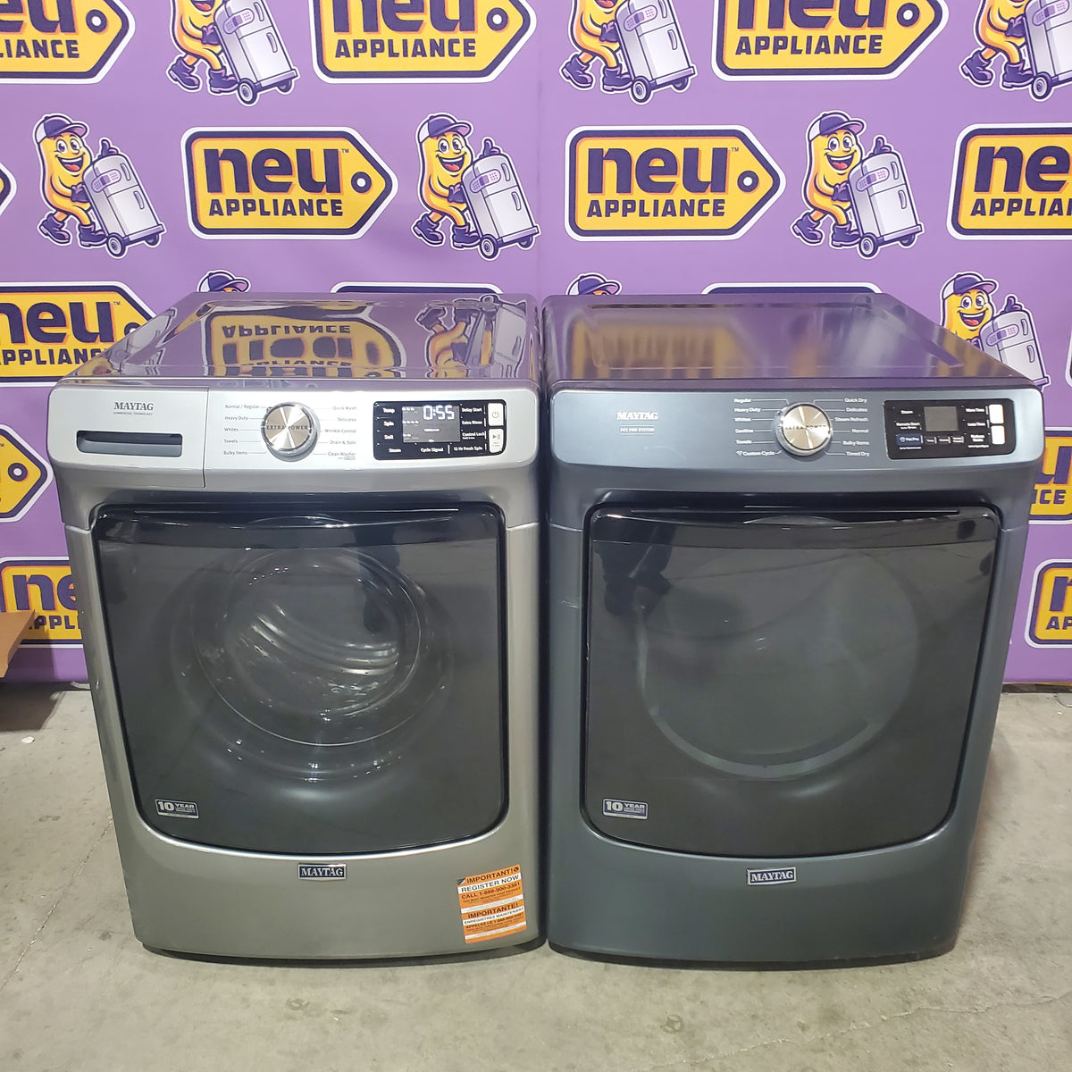 Maytag 4.5-cu ft High Efficiency Stackable Steam Cycle Front-Load Washer MHW5630HC - Open Box and Maytag 7.4 cu. ft. Smart Pet Pro Front Load Electric Dryer MED7020RF - Scratch & Dent (Minor)