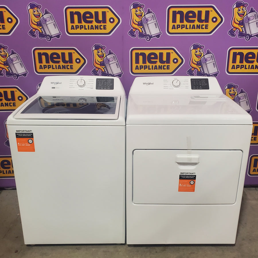 Whirlpool 4.2-4.3 Cu. Ft. Top Load Washer with 2-in-1 Removable Agitator and Soft Close Glass Lid WTW4307SW - Open Box and Whirlpool 7.0 cu. ft. Vented Front Load Electric Dryer in White with Adaptive Dry WED4107SW - Scratch & Dent (Minor)