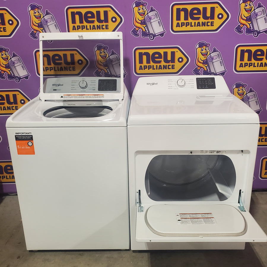 Whirlpool 4.2-4.3 Cu. Ft. Top Load Washer with 2-in-1 Removable Agitator and Soft Close Glass Lid WTW4307SW - Open Box and Whirlpool 7.0 cu. ft. Vented Front Load Electric Dryer in White with Adaptive Dry WED4107SW - Scratch & Dent (Minor)