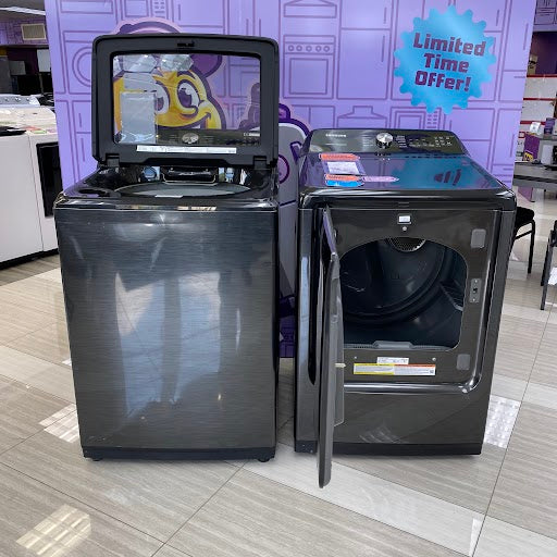 Samsung 5.0 cu. ft. Energy Star Top Load Washer with Active Water Jet in Black Stainless Steel WA50R5400AV - Certified Refurbished and Samsung Black Stainless Steel Electric 7.4 Cu. Ft. Dryer with Steam Sanitize DVE50R5400V - Certified Refurbished