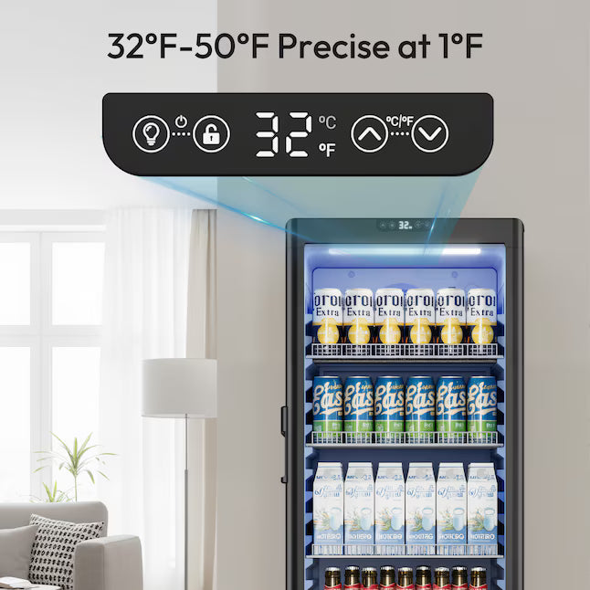 Euhomy 21.3 in. Single Zone 220-Cans Freestanding/Built-in Beverage Refrigerator Cooler in Black with LED Light, See-Thru Door CDR002-6BL - New in Box