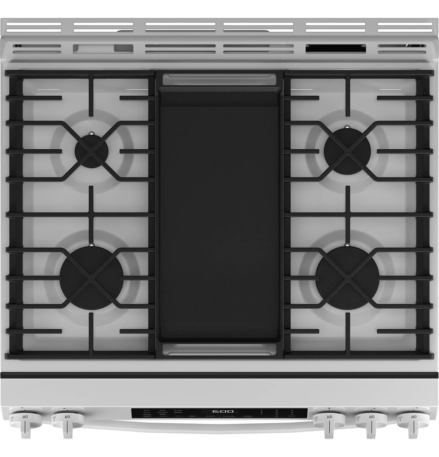 GE 30 in. 5-Burners Slide-In Smart Gas Convection Range in White with EasyWash Oven Tray And No-Preheat Air Fry GGS600AVWW - Scratch  & Dent (Minor)