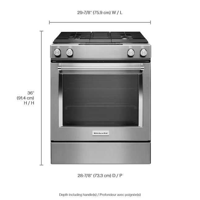 KitchenAid 4 Burners Convection Oven with Downdraft Exhaust Slide-In Dual Fuel Range in Stainless Steel KSDG950ESS - Scratch & Dent (Minor)