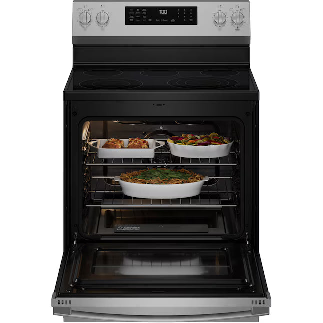 GE Profile EasyWash Oven Tray 30-in Glass Top 5 burners 5.3-cu ft Air Fry Convection Oven Freestanding Electric Range with WipeClean Coating in Fingerprint Resistant Stainless Steel PRF700AYFS - Open Box
