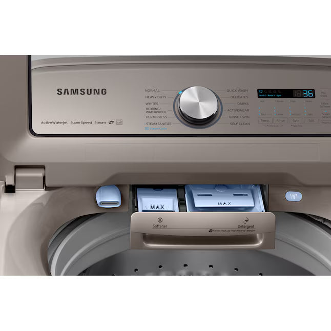 Samsung High Efficiency Extra Large ( 5.4-cu ft ) Top-Load Washer with Steam Cycle in Champagne WA54R7600AC - Certified Refurbished