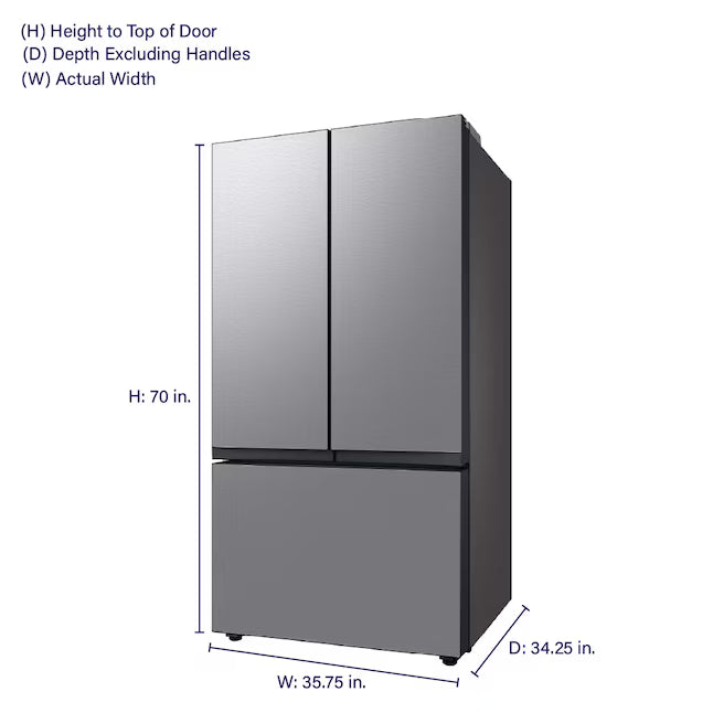 Samsung Bespoke Stainless Steel 3 Door French Door 30 Cu. Ft. Refrigerator with EZ Open Handle and Dual Ice Makers 22134SD242 - RF30BB6200QL - Scratch and Dent (Moderate)
