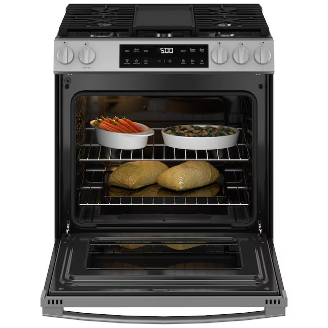 GE 30 in. 5-Burners Slide-In Gas Range in Stainless Steel with Crisp Mode GGS500SVSS - Scratch & Dent (Minor)