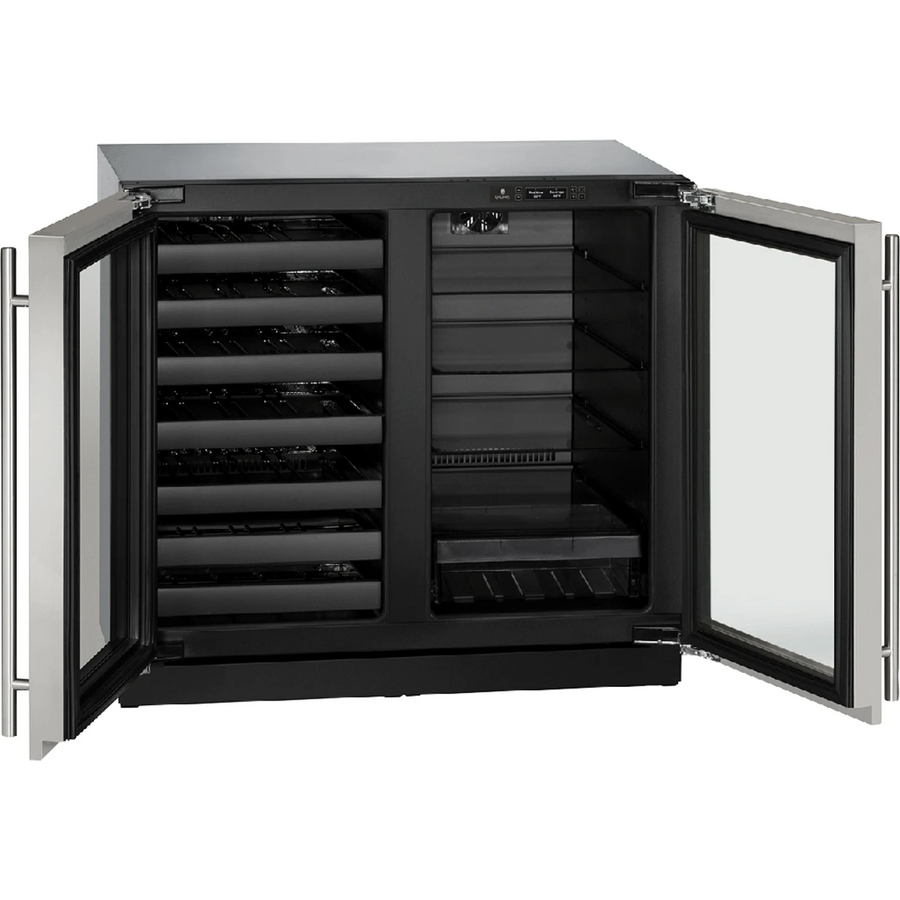 U-Line 36 Inch Built-in Beverage Center and Wine Storage with 31 Wine Bottle Capacity, 79 12 oz. Bottle Capacity, 123 12 oz. Can Capacity, LED Theater Lighting, Dual Zone Temperature, and Sabbath Mode U-3036BVWCS - Scratch & Dent (Moderate)
