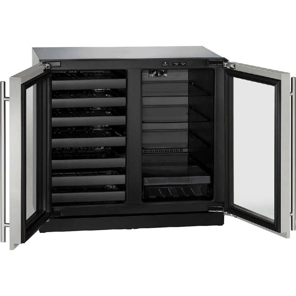 U-Line 36 Inch Built-in Beverage Center and Wine Storage with 31 Wine Bottle Capacity, 79 12 oz. Bottle Capacity, 123 12 oz. Can Capacity, LED Theater Lighting, Dual Zone Temperature, and Sabbath Mode 11113104 - U-3036BVWCS - Scratch & Dent (Moderate)
