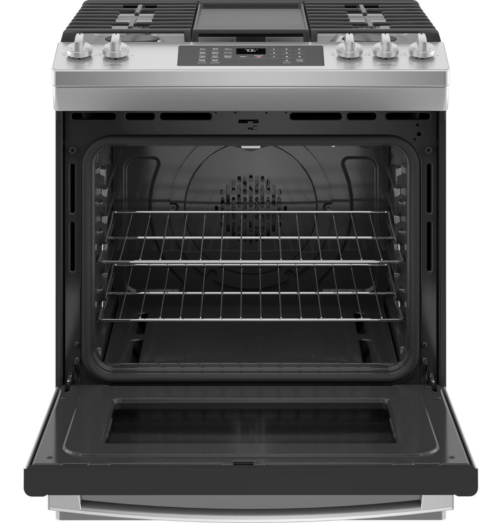 Pictures of GE® 30" Slide-In Front-Control Convection Gas Range with Built-in WiFi, Edge-to-Edge Cooktop, and No Preheat Air Fry JGS760SPSS - Scratch & Dent (Minor) - Neu Appliance Outlet - Discount Appliance Outlet in Austin, Tx