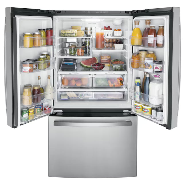 GE 36 in. Wide 21.9 Cu. Ft. French Door Counter Depth Refrigerator with Internal Water Dispenser in Stainless Steel GWE22JYMFS - Scratch & Dent (Moderate)