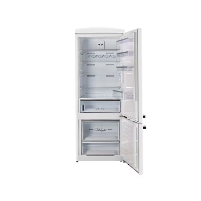 Classic Retro 28 in. 16.7 cu. ft. Frost Free Bottom Freezer Fridge in Marshmallow White, Energy Star UNQ-455LWAC - Open Box