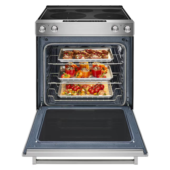 KitchenAid Glass Top 5 burners 6.4-cu ft Convection Oven Slide-In Electric Range in Stainless Steel KSEG700ESS - Scratch & Dent (Minor)
