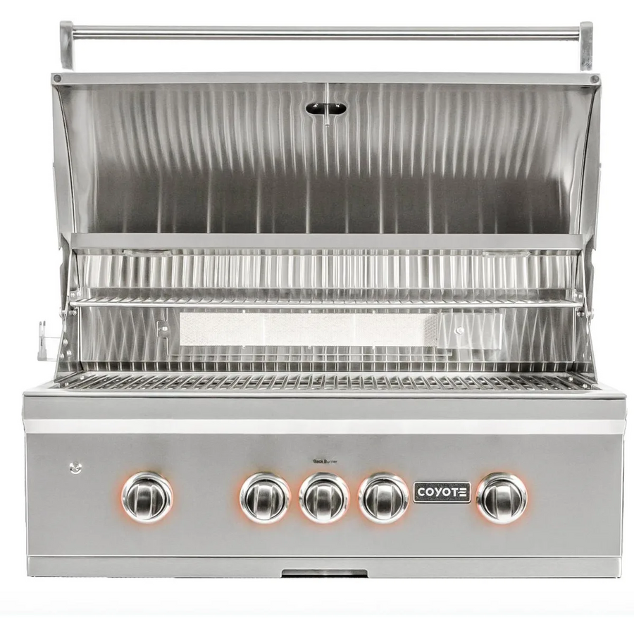 Coyote 36 Inch Built-In Grill with 3 Infinity Burners™, RapidSear™ Infrared Burner, 875 sq. in. Cooking Surface, Interior Grill Lighting, LED Illuminated Knobs, and Integrated Wind Guard C2SL36NG - Scratch & Dent (Moderate)